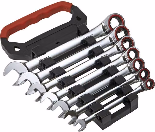 Loops 7pc Premium Combination Ratchet Spanner Set, 12 Point Metric Socket, Chrome Vanadium and Stainless Steel, Silver and Multicolour