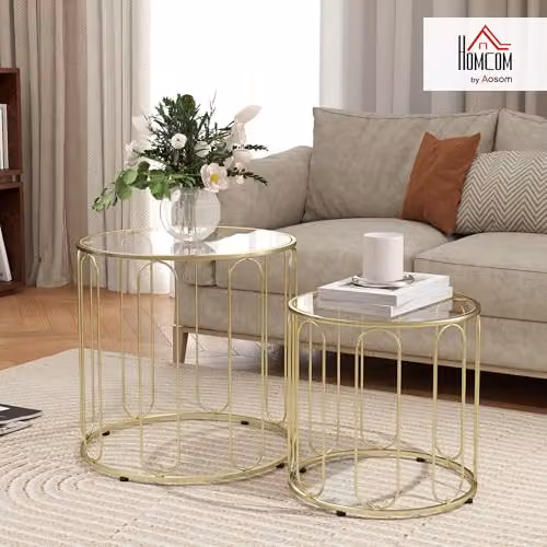 HOMCOM Set of 2 Round Glass Nest of Tables with Gold Metal Frame – 2