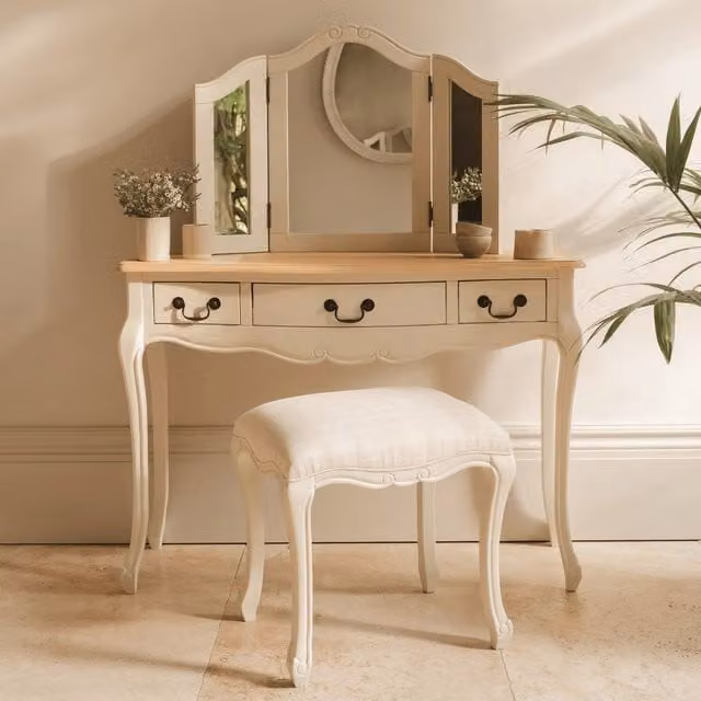 Statement Furniture Juliette Dressing Table Set with Stool and Tri-Fold Mirror in White – 1