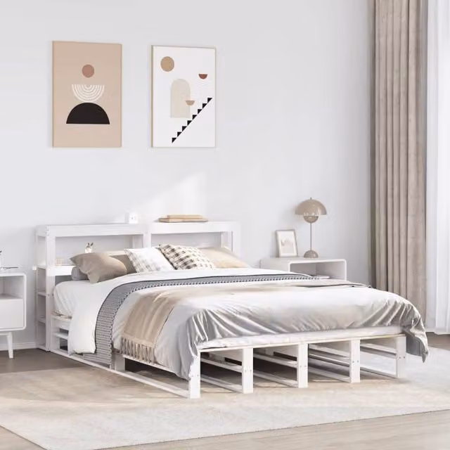 Berkfield Home Small Double Bed Frame in White Solid Pine with Side Compartments, W/D/H: 120 x 200 cm