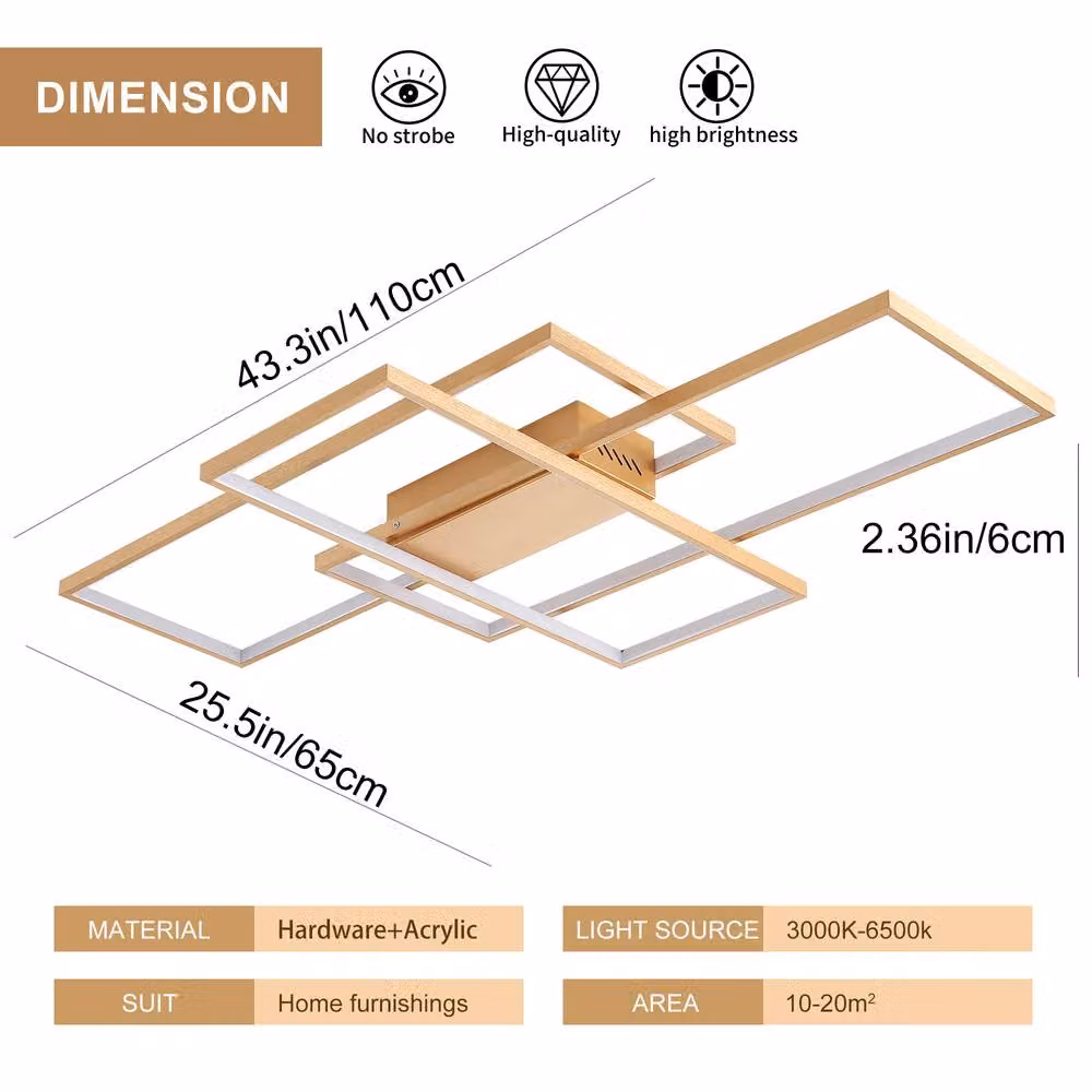 NIVOR Modern Dimmable LED Ceiling Light with Remote Control, Gold/Brass, W: 110 cm, D: 68 cm – 2