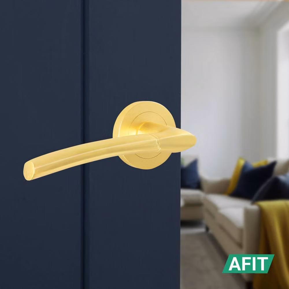 AFIT Boston Satin Brass Fire Door Handles with Round Rose Latch and Hinges, Gold, 1 Pair – 5