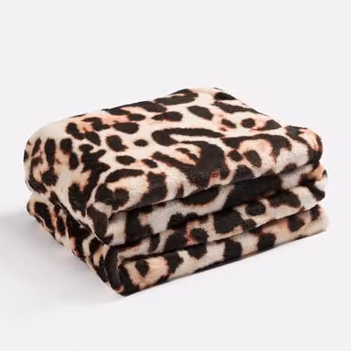 OHS Leopard Print Fleece Blanket Throw, Multicolour Brown, W/D/H: 125 x 150 cm