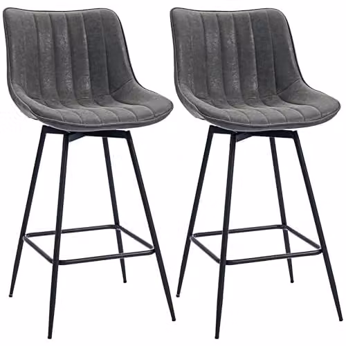 HOMCOM Set of 2 Grey Swivel Bar Stools with Backrest and Footrest, Height Adjustable – 1
