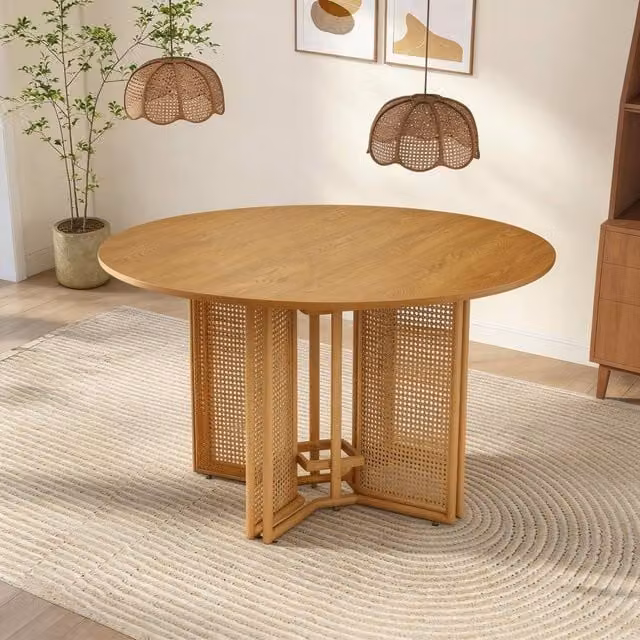 FURNITURE ONE Modern Round Dining Table in Beige and Brown, Dia: 120 cm