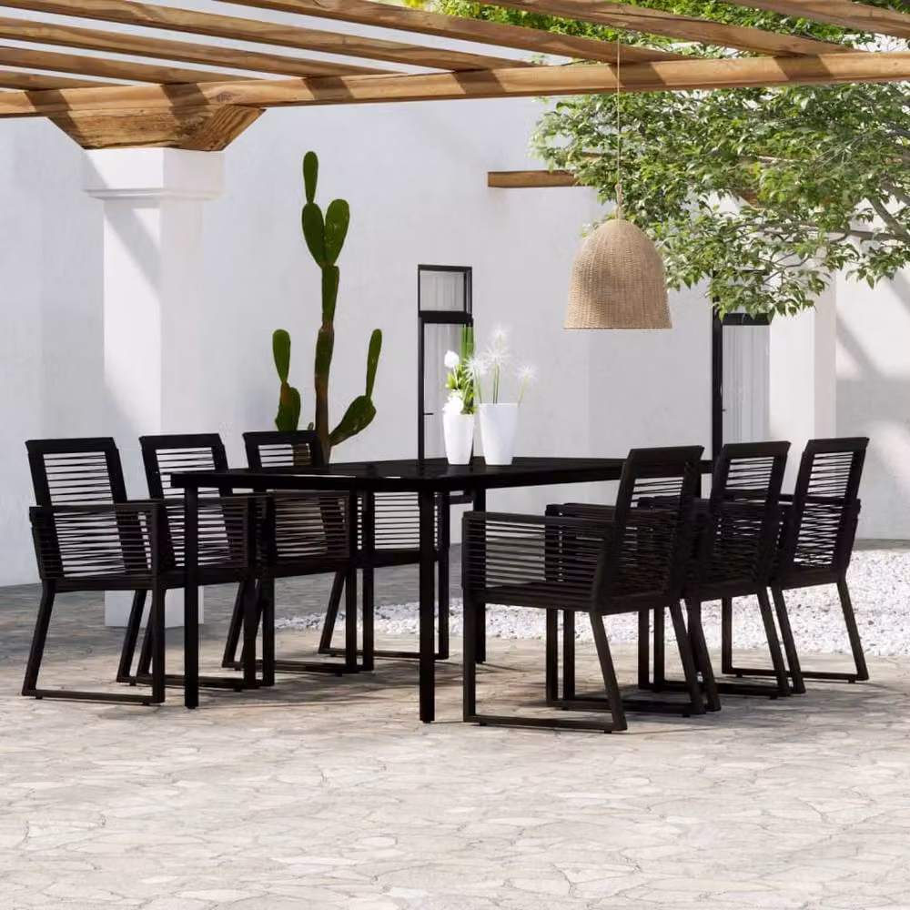 Berkfield Home 7 Piece Modern Black Garden Dining Set with Metal, Glass and Rattan – 2