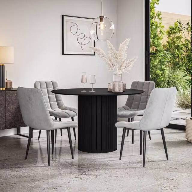 More4Homes Arlo Round Black Dining Table and 4 Grey Nova Velvet Dining Chairs Set – 1
