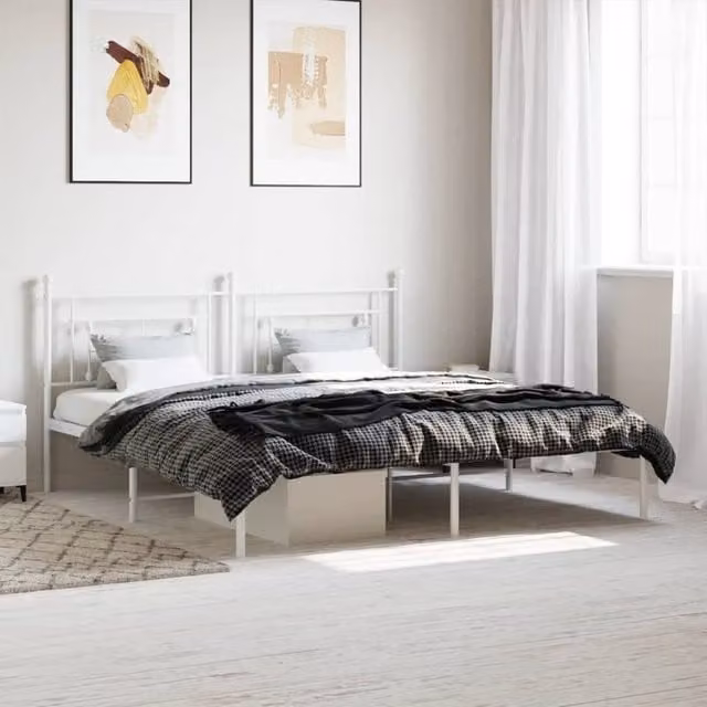 Berkfield Home Metal Bed Frame with Headboard, White, W: 183 cm, L: 213 cm – 1