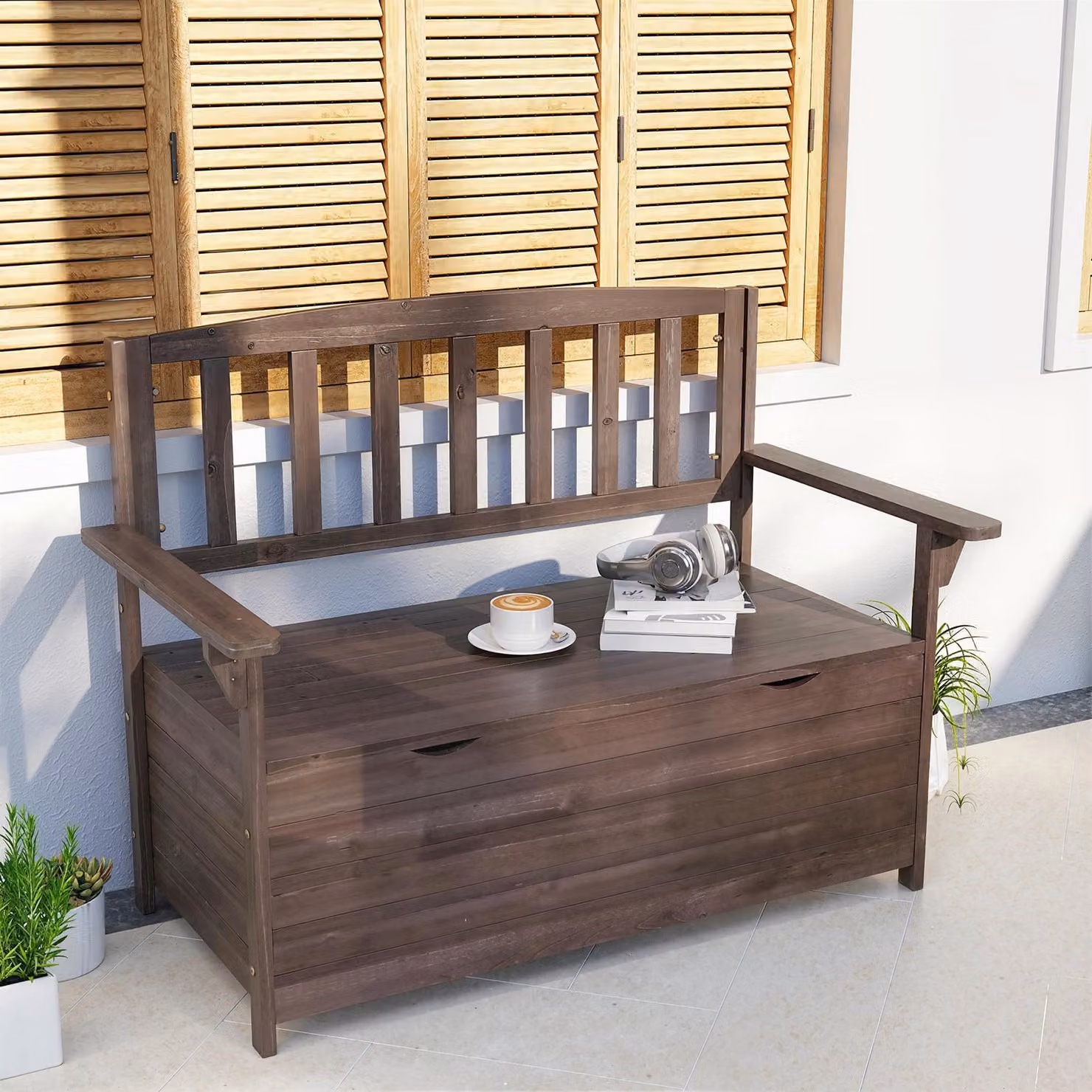 Outsunny 2 Seater Wooden Garden Bench with Storage and Armrests, Brown, W: 112 cm, D: 84 cm, H: 58 cm – 7