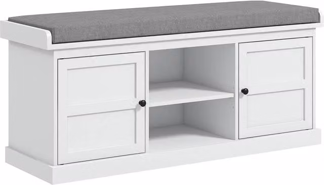 HOMCOM White Shoe Bench with Cushioned Fabric Seat and Adjustable Shelf for Hallways – 1