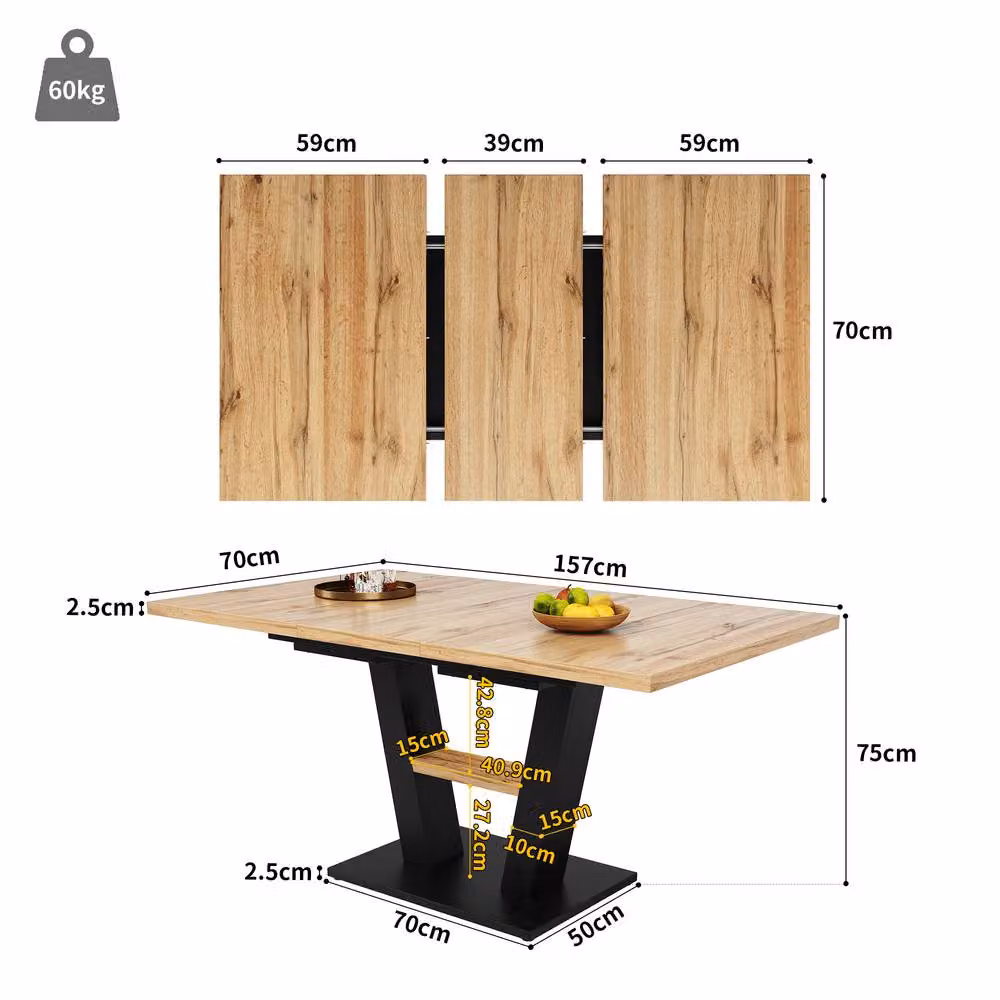 BTM Extendable Rectangular Dining Table in Black and Wood-Colour, W/D/H: 118 x 70 x 75 cm to 157 x 70 x 75 cm – 3