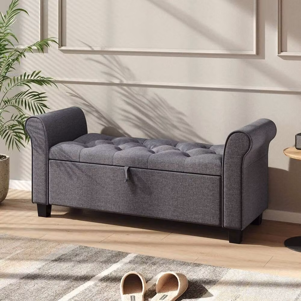 KORVIXA Grey Fabric Ottoman Storage Folding Box Foot Stool Pouffe Bench W/D/H: 100 x 100 x 100 cm – 3