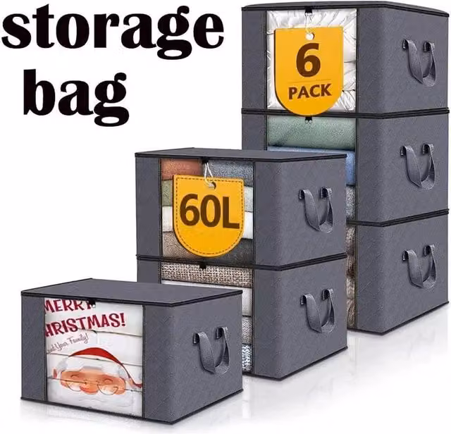 Havendro Set of 6 Grey Fabric Zipped Clothes Storage Bags, 60L Each, with Handles and Lids for Underbed or Wardrobe Organising – 1