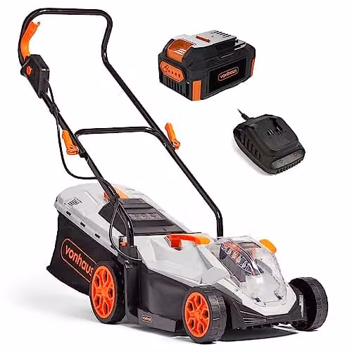 VonHaus 40V Cordless Electric Lawnmower in Green with 30L Collection Bag, Mulching Kit, 33cm Cutting Width and Rechargeable Battery Included – 1