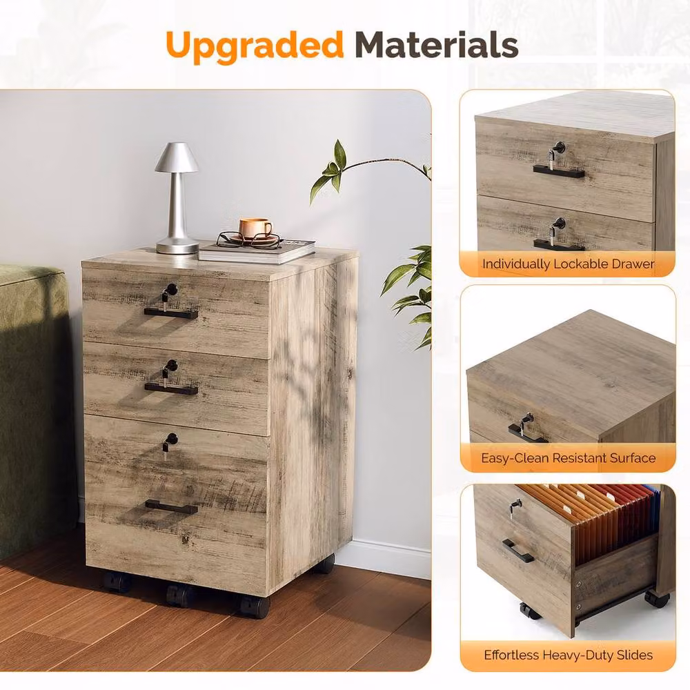 EONLION Grey Wooden 3-Drawer Rolling File Cabinet Organiser – 3