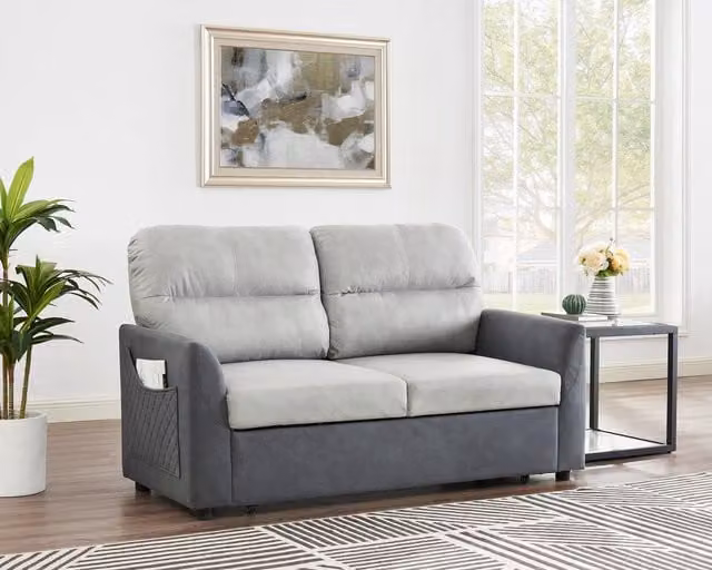 Home Detail Dennis Grey Fabric Pull Out Sofa Bed with Duo Contrast Fabric and Side Pocket Storage, 120 x 200 cm – 1