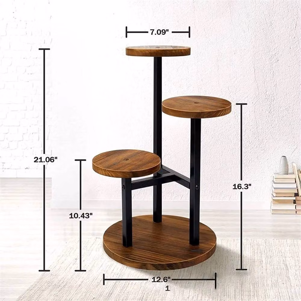 Nordara 3 Tier Metal and Wood Plant Display Stand in Brown and Black, W/D/H: 32.0 x 32.0 x 53.49 cm – 2