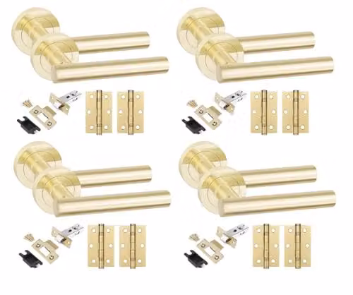 Golden Grace Straight T-Bar Door Handles with Latch and Hinges in Gold Brass, 4 Sets