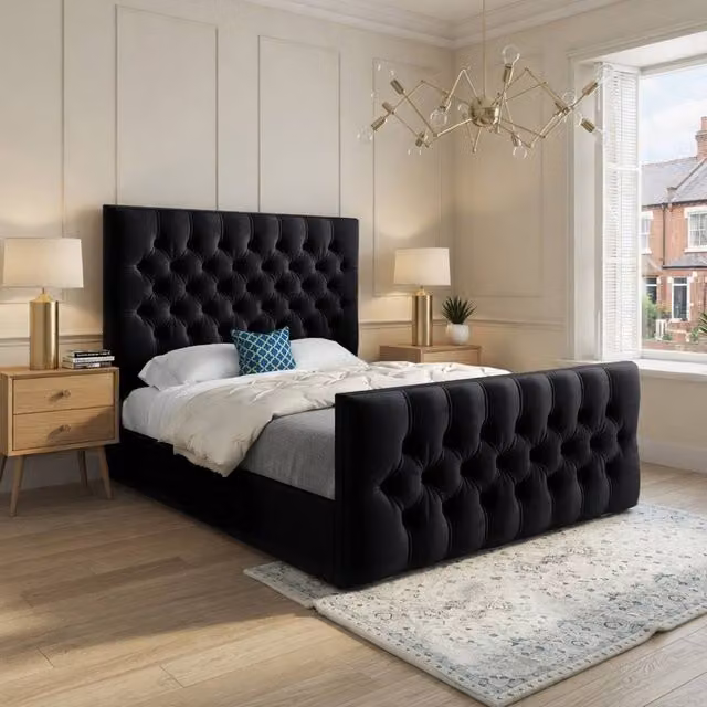 Casani Poulton Upholstered Black Velvet Chesterfield Bed Frame, Size: 200 x 200 cm – 1