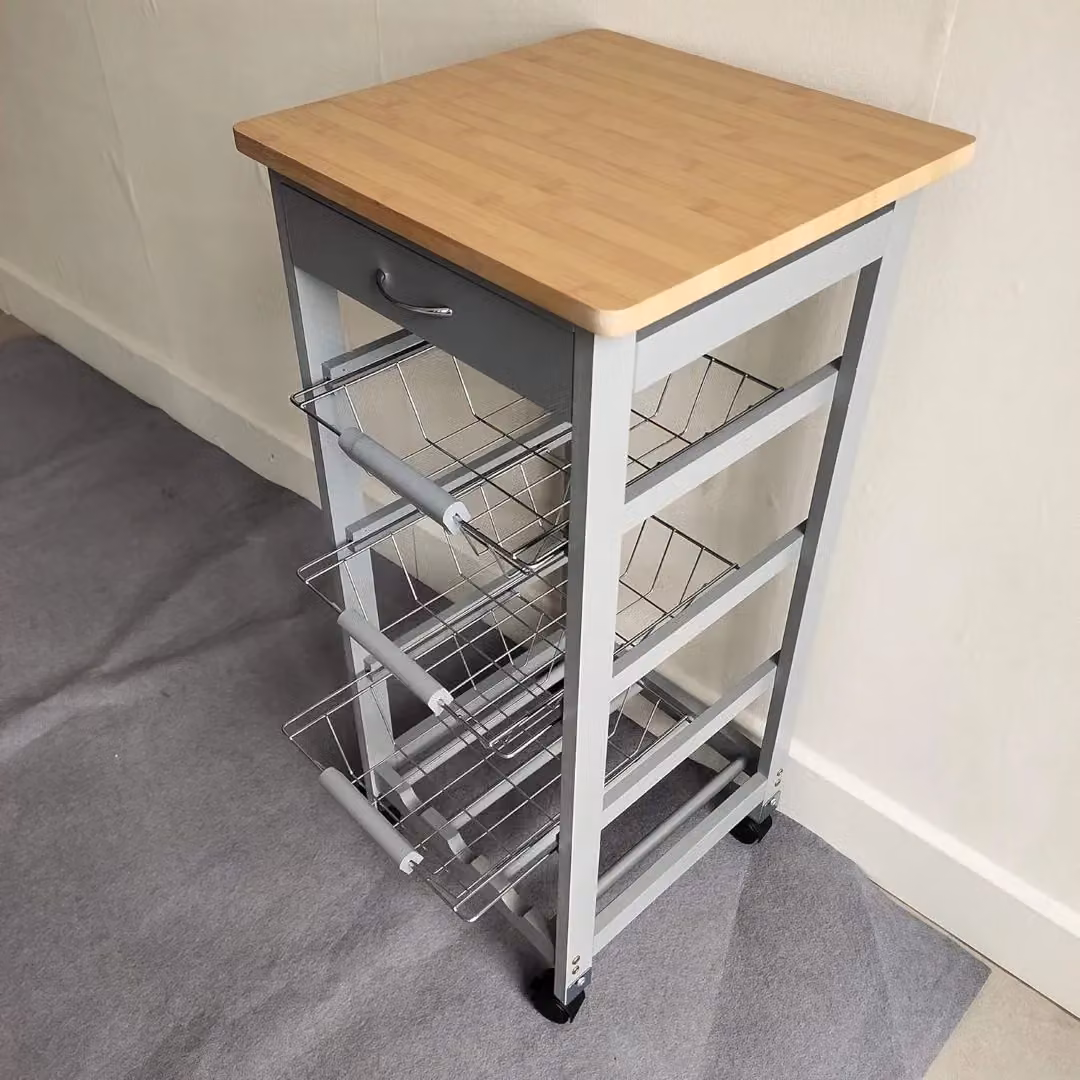Hygrad White Wooden 3 Tier Rolling Kitchen Trolley with 3 Basket Drawers and Wine Rack – 4