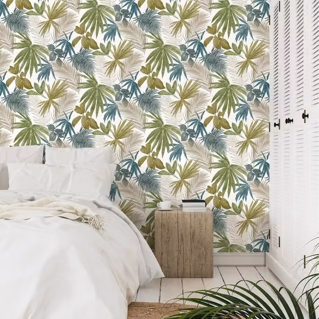 Grandeco Wild Palm Botanical Floral Textured Wallpaper in Green, Petrol, Copper and Gold