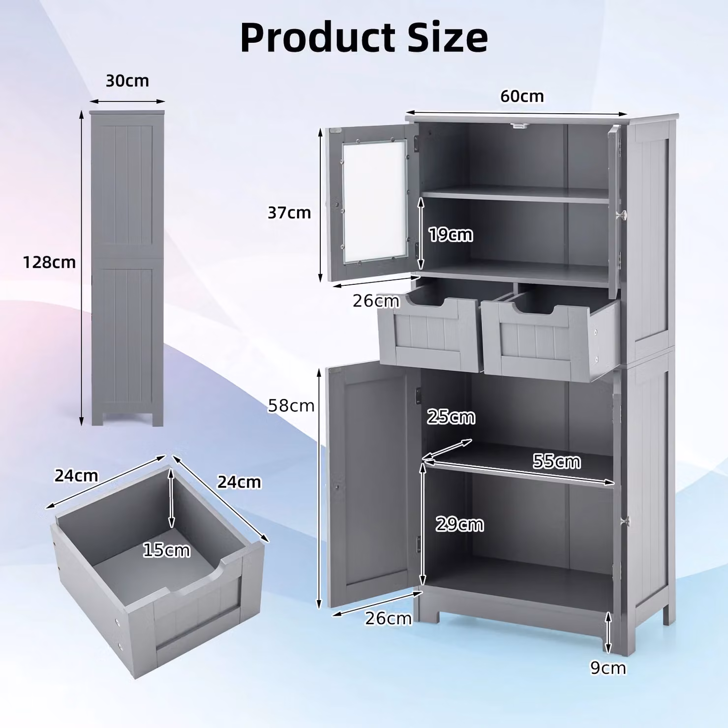 Gymax Tall Grey Bathroom Cabinet with Double Hinged Doors and 2 Drawers – 3