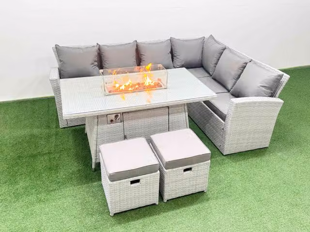 Fimous 8 Seat Rattan Garden Furniture Set with Gas Firepit Table and L-Shape Corner Sofa in Light Grey