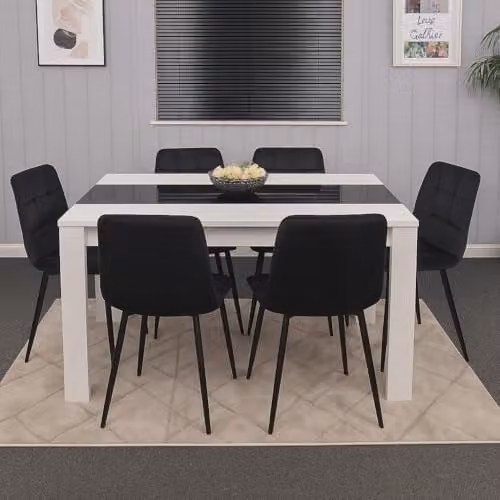Kosy Koala Modern Dining Table Set with 6 Chairs, White and Black Glass Top, W/D/H: 140 x 80 x 75 cm