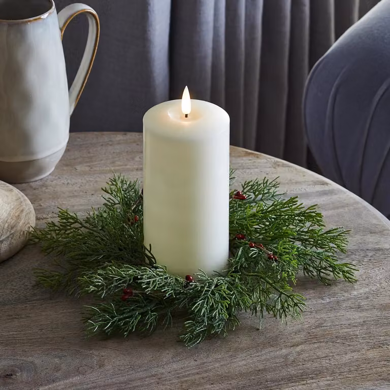 TruGlow® LED Pillar Candle and Red Berry Candle Ring Set with Timer, White and Red