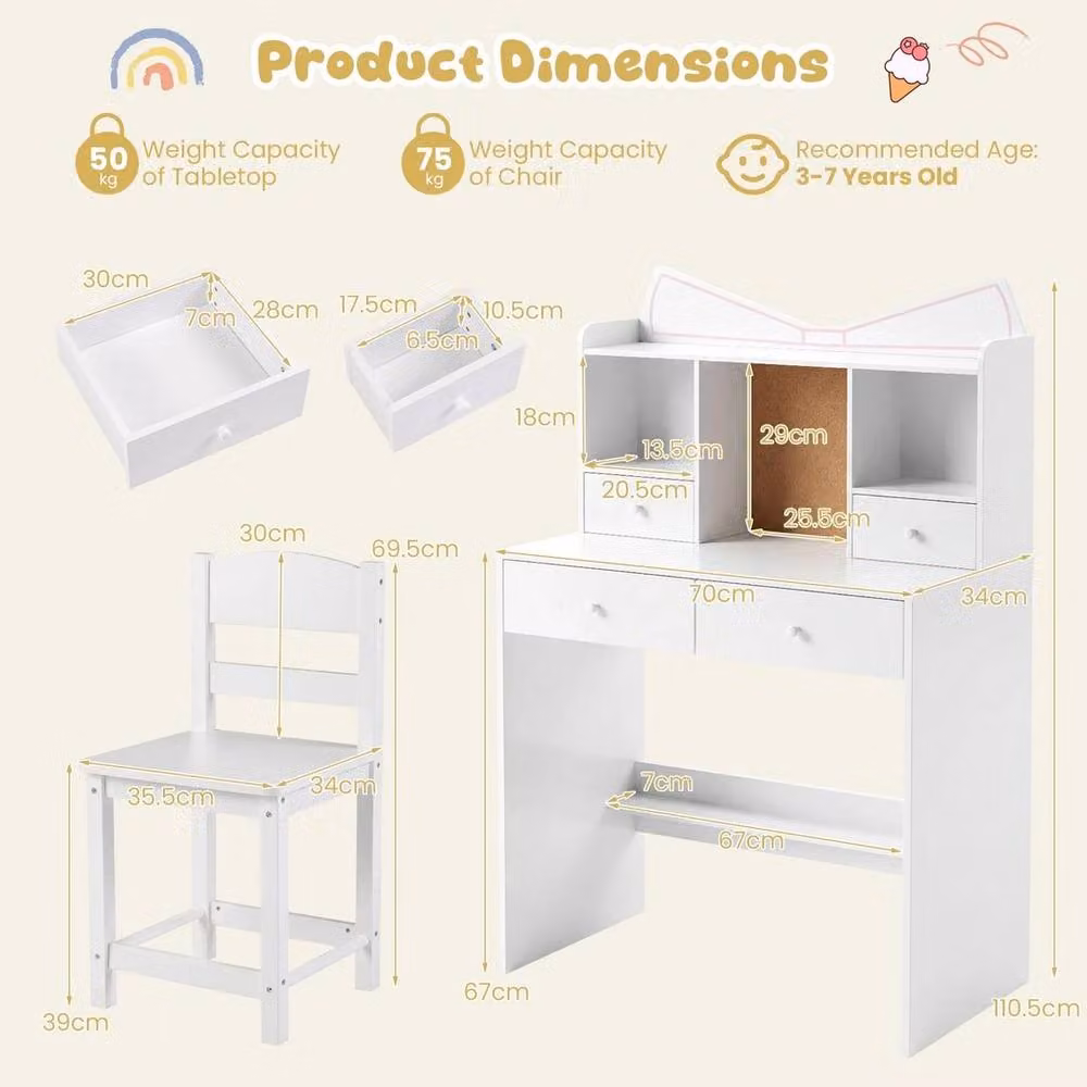 SPETLEK Complete Kids Study Set with Matching Desk and Chair in White – 2