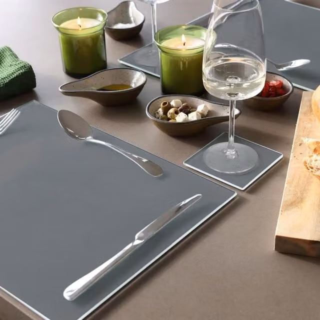 Harbour Housewares 12-Piece Grey Glass Placemat and Square Coaster Set, W: 40 cm, D: 30 cm