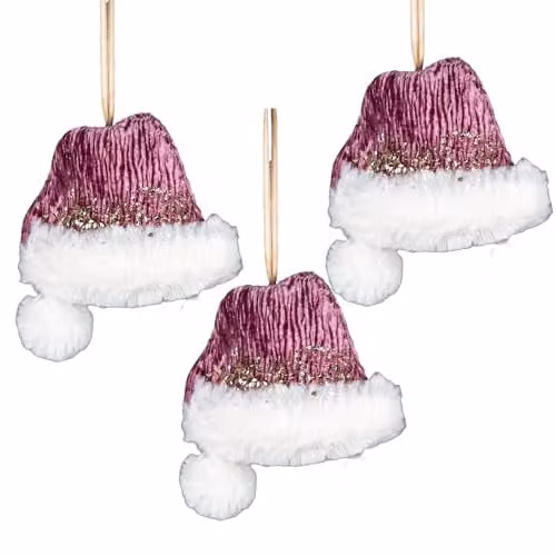 SHATCHI 3-Piece Pink and White Mini Santa Hat Christmas Tree Hanging Pendants, W/D/H: 13 x 12 x 12 cm – 1