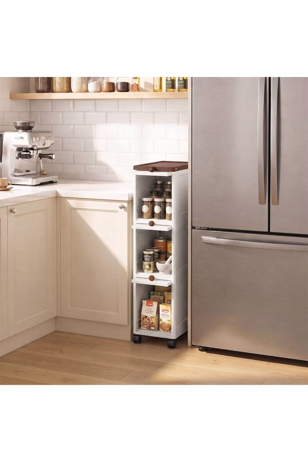 Living and Home 3-Tier Narrow Storage Cabinet with Roll Shutter Doors and Wheels in White – 2
