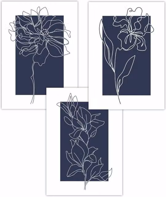 ARTZE Set of 3 Modern Floral Line Art Sketch Flower Paper Posters in Blue and White, W: 50 cm x H: 70 cm