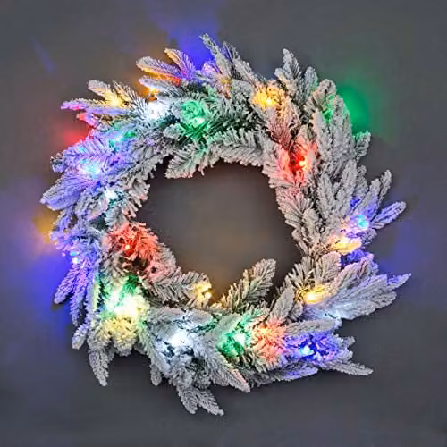 Shatchi Pre-Lit Round Christmas Wreath in Green with Multicolour LEDs, Diameter: 55 cm