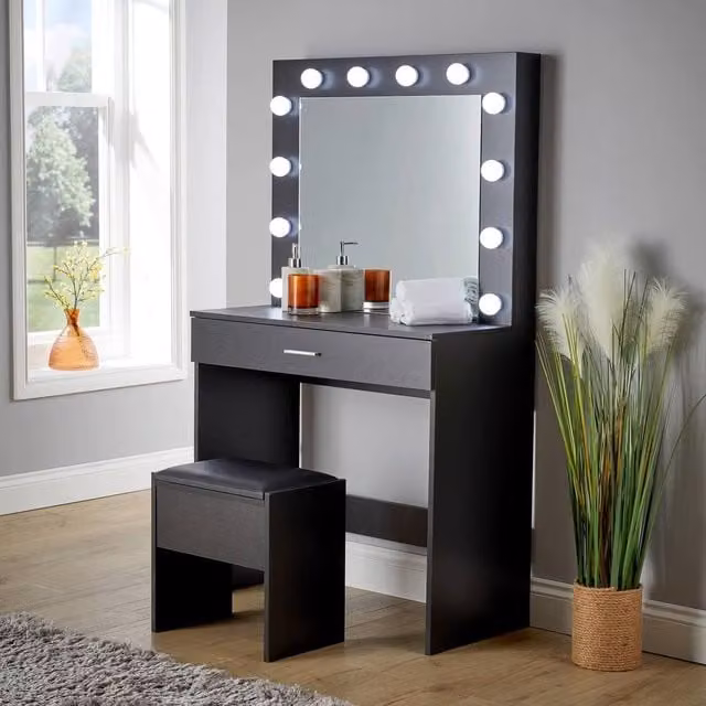 Home Source Black Modern Dressing Table and Stool Set with Hollywood LED Mirror, W/D/H: 140 x 40 x 80 cm