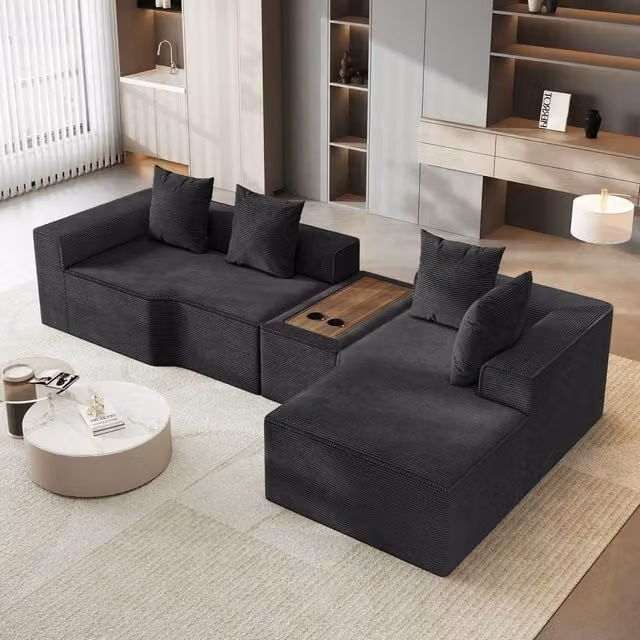 Dprodo Black Corduroy Right L-Shaped Modular Sofa with Cup Holder Table and Scatter Cushions, Width: 320 cm – 1