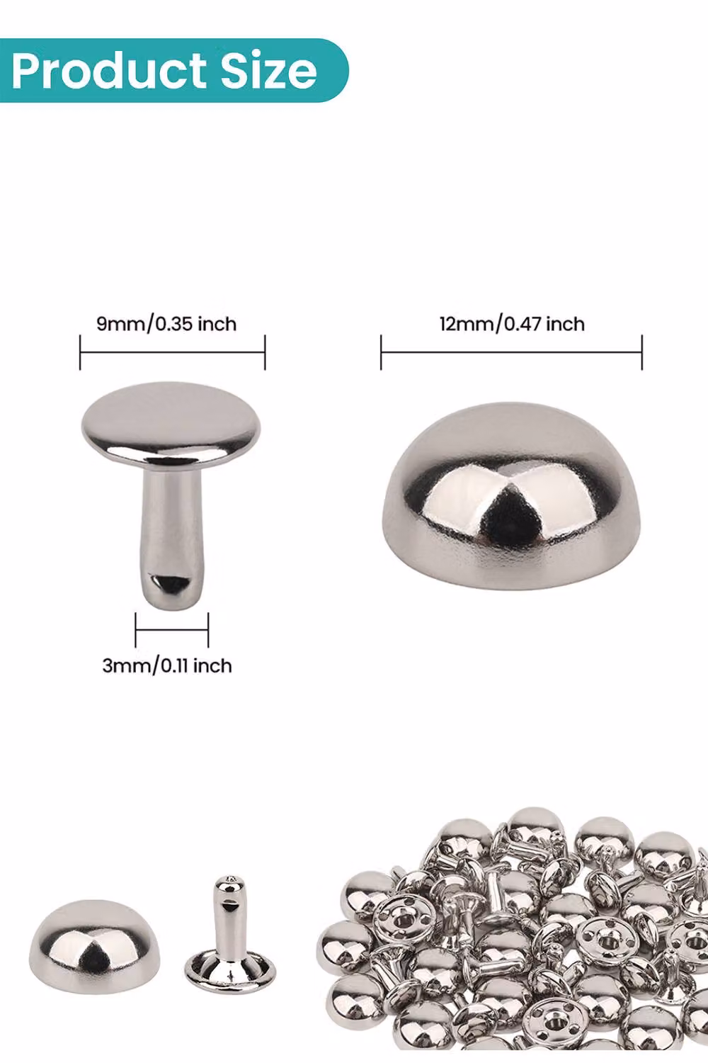 Neel Blue 25pcs Silver Alloy Dome Shaped Bag Feet Rivets with 9mm Round Studs and 12mm Base – 2