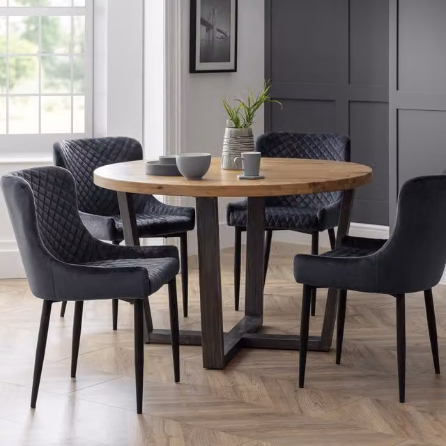 Julian Bowen Brooklyn Oak Round Dining Table and Grey Luxe Chairs Set