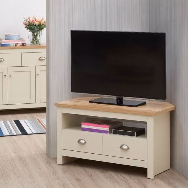 Timber Art Design UK Classic Oak Corner TV Unit with 2 Drawers in Beige