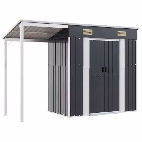 vidaXL Steel Garden Shed with Extended Pent Roof in Anthracite, W: 277 cm, D: 107 cm, H: 181 cm