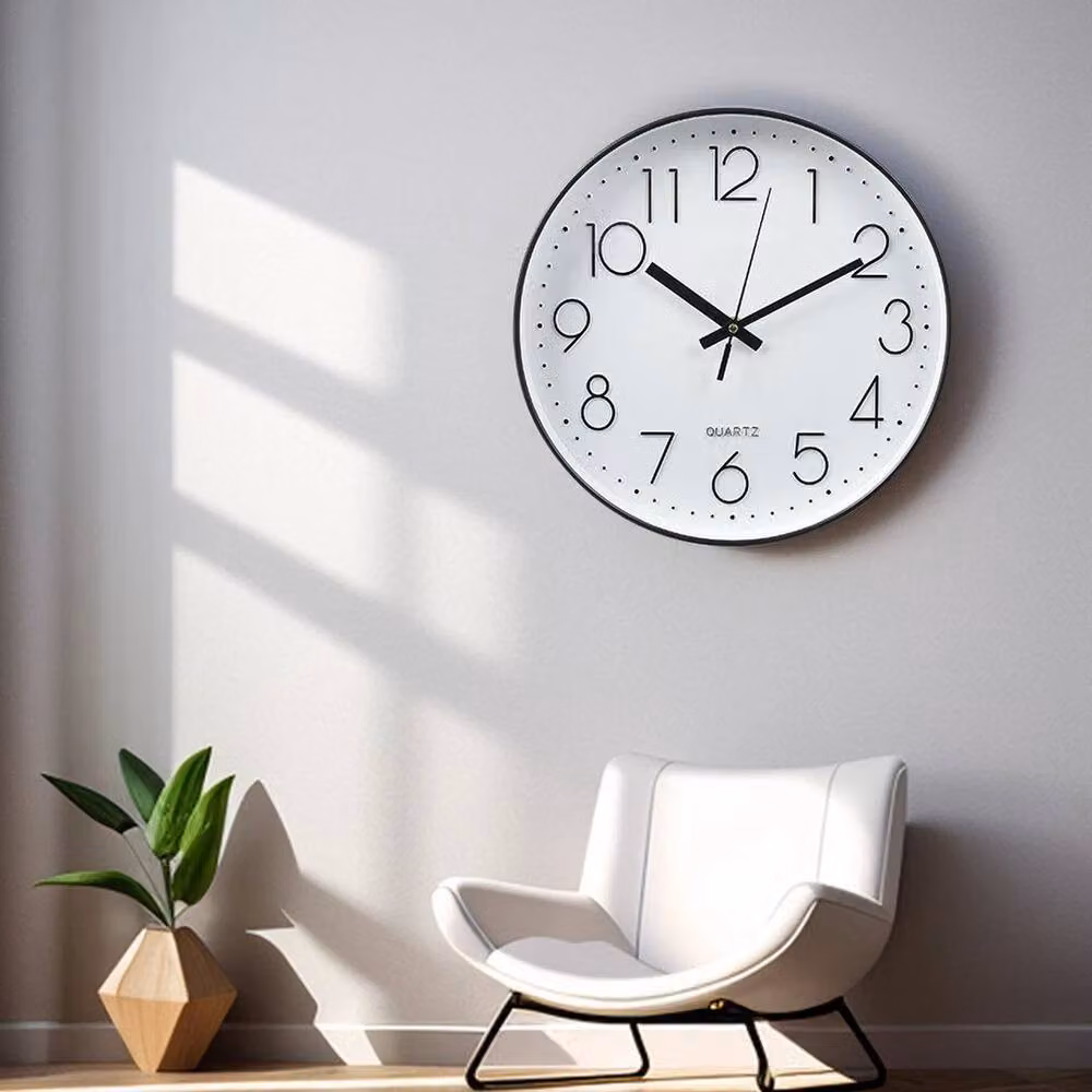 KORVIXA Modern Round Analog Wall Clock in White and Black with Plastic and Glass Finish, Diameter: 30.48 cm – 2
