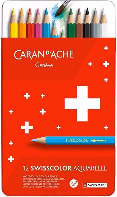 Caran d'Ache Swisscolor Aquarelle 12 Water-Soluble Colour Pencils in a Metal Tin, Multicolour