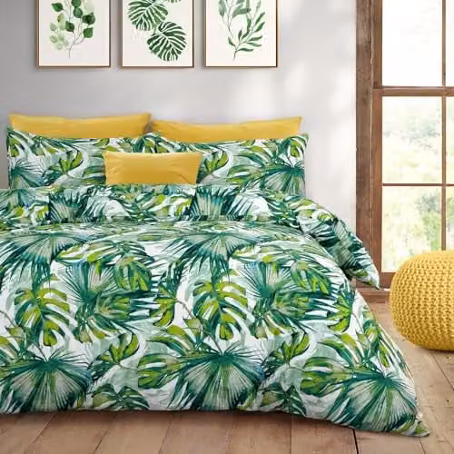 Velosso Tropical Leaf Green Cotton Rich Duvet Cover and Pillowcase Set, W/D/H: 200 x 200 cm and 50 x 75 cm