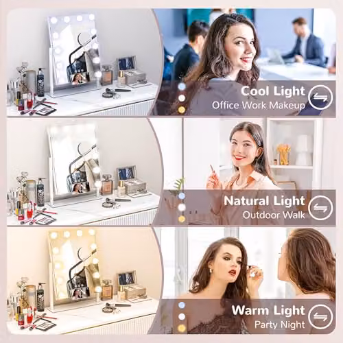 HOMCOM Hollywood LED Tabletop Makeup Mirror in White, W 37 cm x H 46 cm, with Dimmable Touch Control – 3