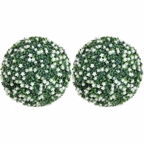 HOMCOM Set of 2 Hanging Artificial Floral Topiary Balls with Flowers, Green and White, Diameter: 40 cm