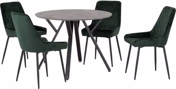 Seconique Athens Round Dining Set with 4 Avery Green Velvet Chairs and Concrete Effect Table – 1