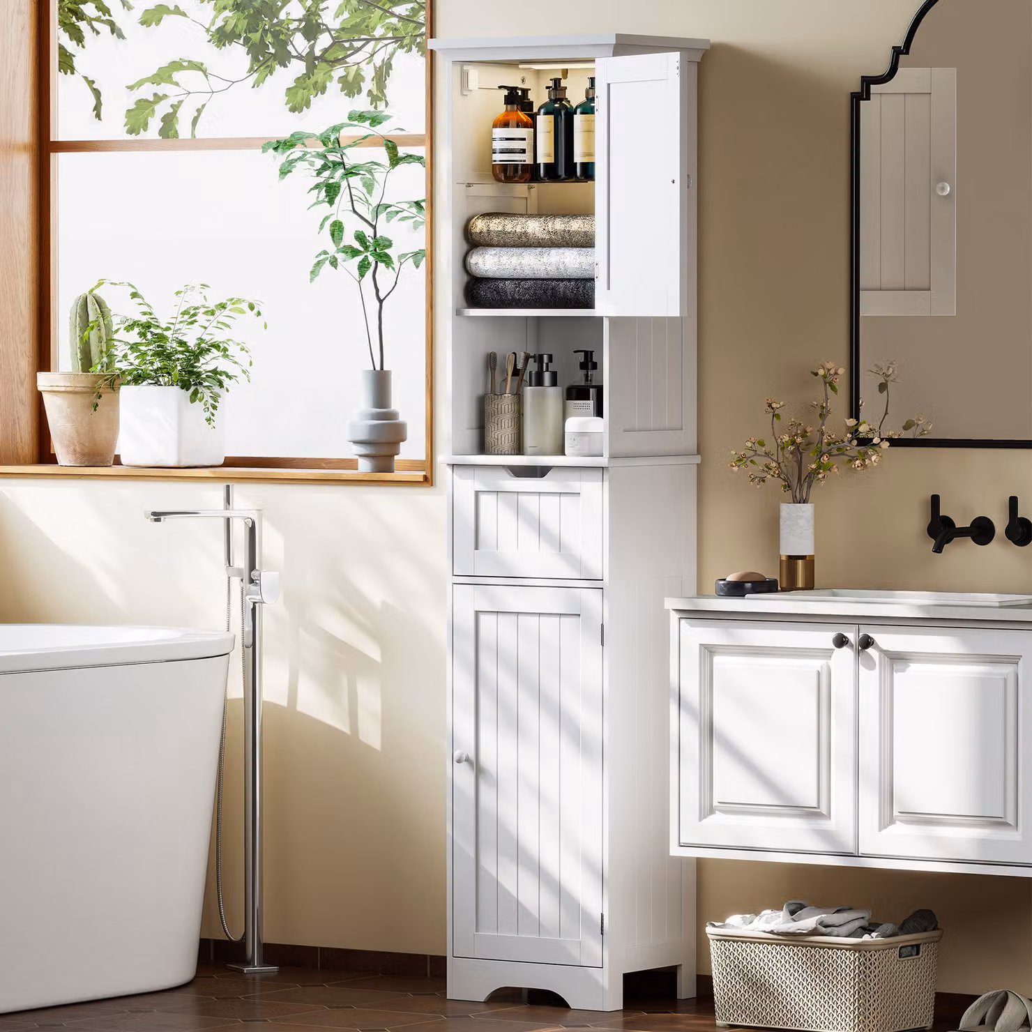 HOMCOM Slim White Bathroom Storage Cabinet with Sensor LED Lighting and Modern Design – 2