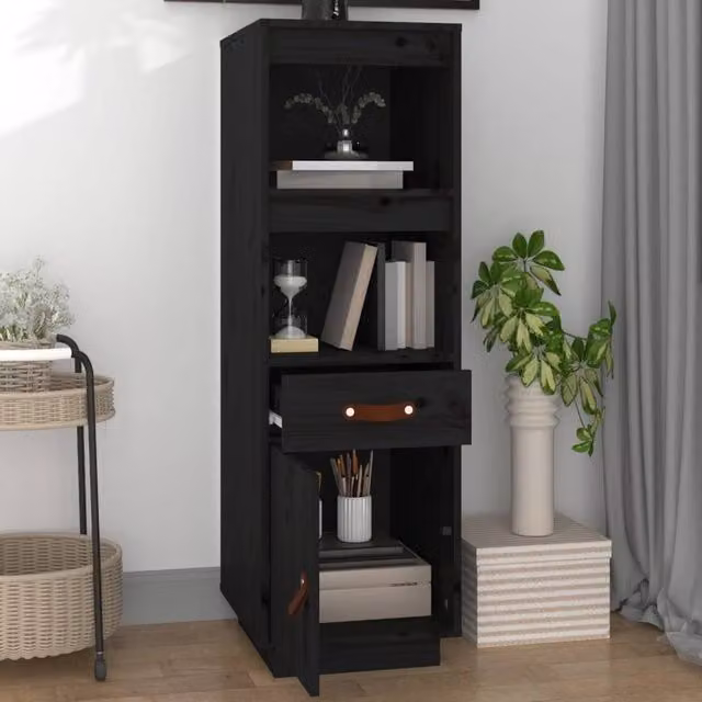 Berkfield Home Black Solid Wood Pine Highboard with Hinged Doors and Internal Shelves W/D/H: 34 x 40 x 108.5 cm