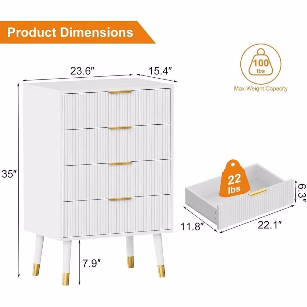 VOGREX Modern White Fluted 4 Drawer Dresser with Soft Close Drawers – 2